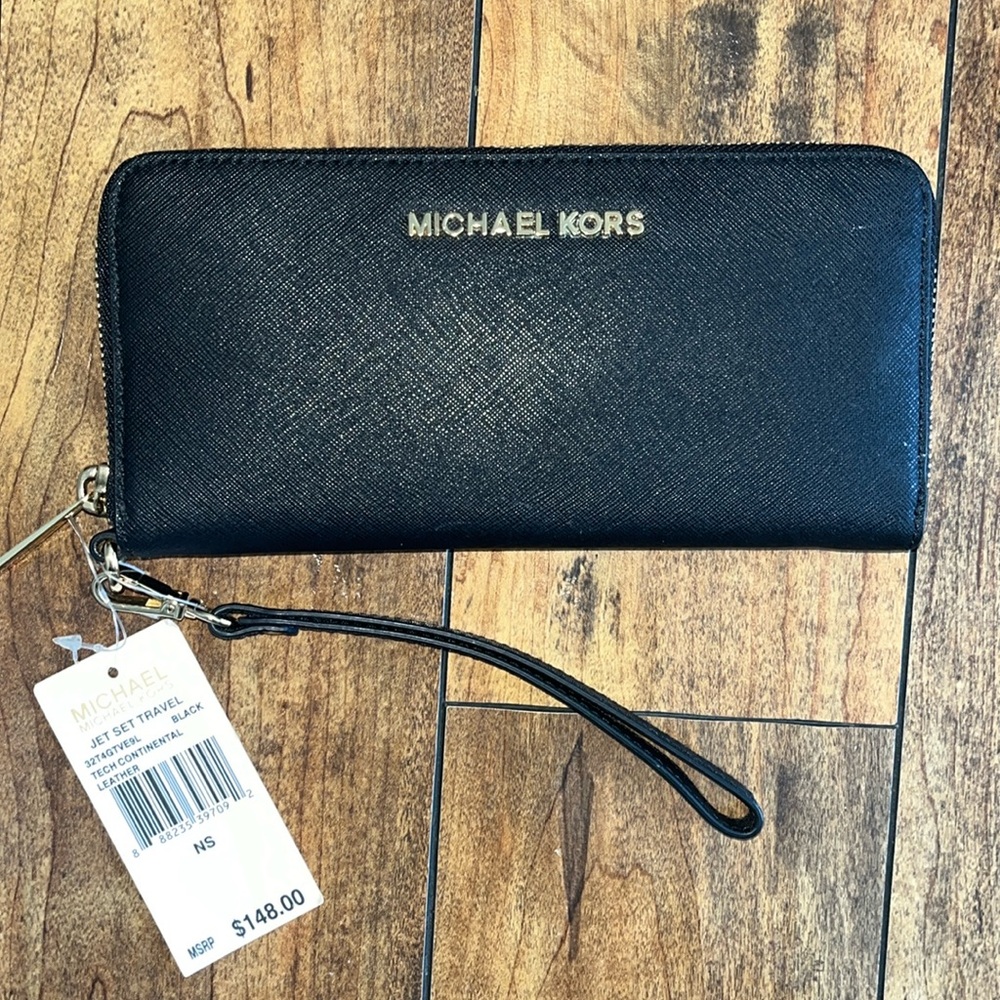 Michael Kors Black Saffiano Leather Wallet with wrist strap